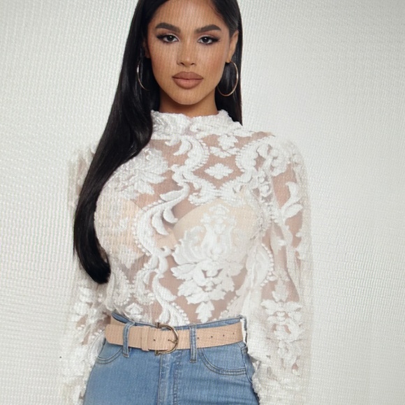 Mock Neck Long Sleeve Bodysuit with Mesh & Lace, Size Small - Picture 1 of 10